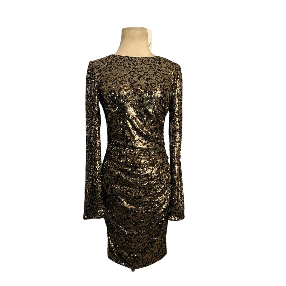 Dress The Population gold brown animal print sequin mini dress size Small